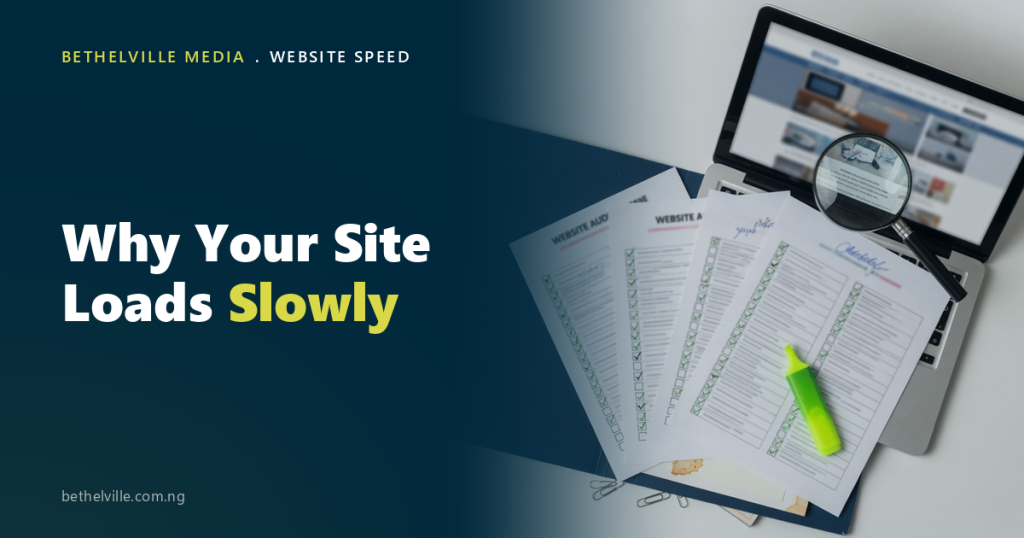 Laptop with a magnifying glass over website audit checklists, Bethelville Media article cover on website speed