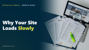 Laptop with a magnifying glass over website audit checklists, Bethelville Media article cover on website speed